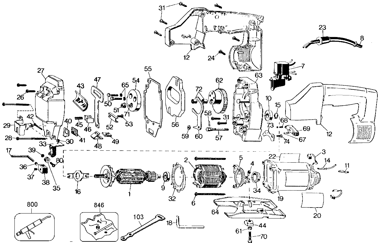Default Diagram and Parts List for 3157-220 Type 100 Black and Decker Jig Saw